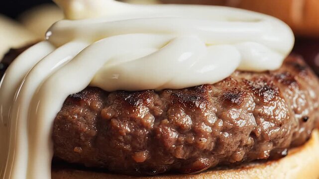 Delicious Burger Patty with Creamy Sauce Being Poured on Top.