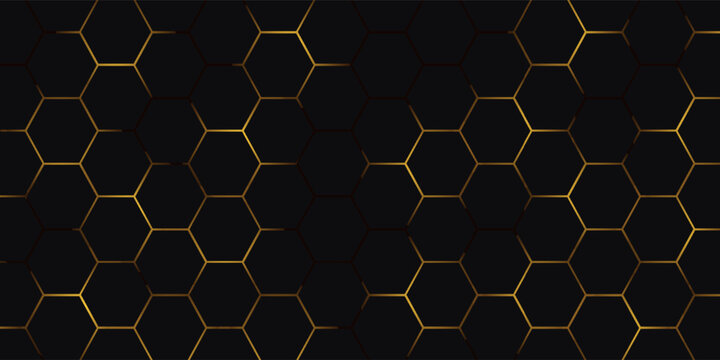 Golden hexagon structure blending technology and elegance. Luxurious honeycomb design. Abstract hexagonal with glowing nodes. Elegant honeycomb pattern featuring luminous points and highend themes