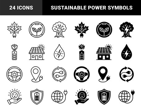 Sustainable Energy Hybrid Icons Merging Natural Elements with Electrical Power Symbols Including Solar Panels Battery Leaves and Electric Plugs