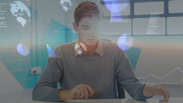 Analyst tapping tablet, activating floating graphs, unfolding charts and comparing for business