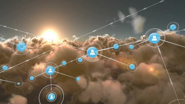 Forming blue user icons network spreading across clouds at sunrise, with white links, square nodes
