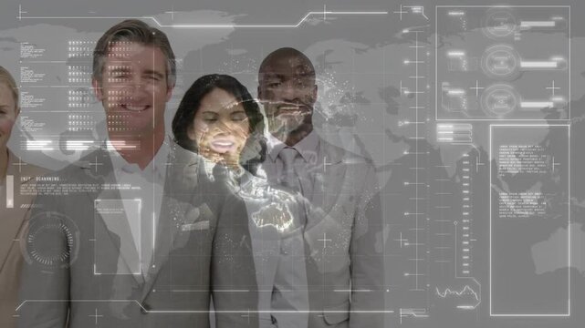 3 staff stepping, 2 entering and aligning, globe HUD highlighting faces, framing corporate team