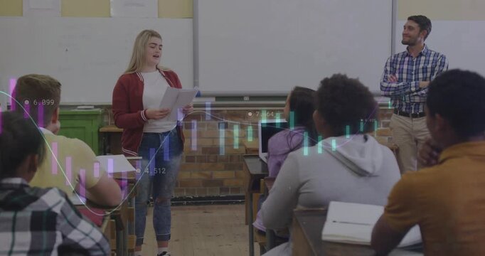 Student reading notes in class, explaining finance as chart overlaying class, teacher watching