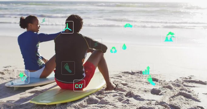 Vertical video: Woman pointing at ocean on boards, man shifting, green icons overlaying CO2 data
