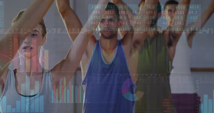 Lead woman guiding fitness class raising palms on cue for stretch, charts overlay frame in studio