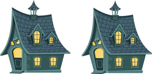 Naklejka premium Digital illustration of two identical cartoon haunted houses with teal walls, gray shingled roofs, glowing windows, and whimsical design on white background