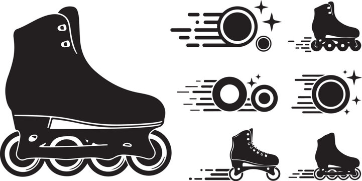 Black Inline Skate and Wheels Icon Set Graphics Design