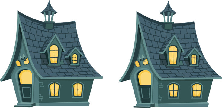 Digital illustration of two identical cartoon haunted houses with teal walls, gray shingled roofs, glowing windows, and whimsical design on white background