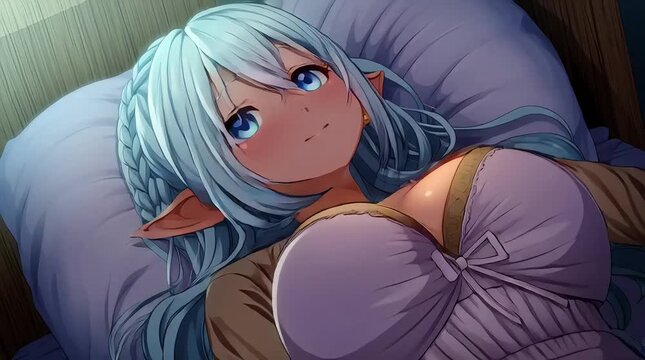 3D Anime Busty Elf Girl With Silver Hair Sleeping in Bed Indoors for Lifestyle