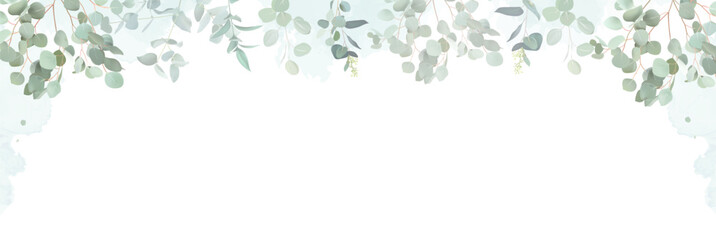 Herbal eucalyptus and gold vector banner frame. Hand painted branches, leaves on white background. Greenery wedding simple minimalist invitation. Watercolor card.All elements are isolated and editable © lavendertime