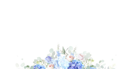 Bridgerton inspired pastel floral vector design frame. Blue delphinium, hydrangea, white peony, eucalyptus, rose, hyacinth, greenery and plants card. All flowers and branches are isolated and movable © lavendertime