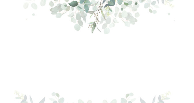Herbal eucalyptus and gold vector banner frame. Hand painted branches, leaves on white background. Greenery wedding simple minimalist invitation. Watercolor card.All elements are isolated and editable