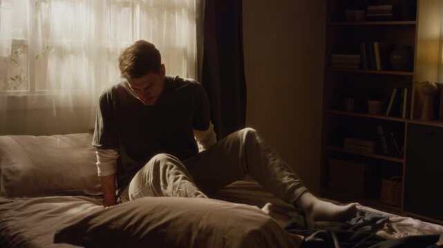 Full length shot of middle aged man trying to sit up then falling back onto bed while feeling heavy sleepiness in morning