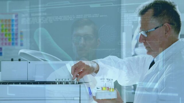 Senior scientist lifting and inspecting vials, loading analyzer for lab testing HUD, chart guiding