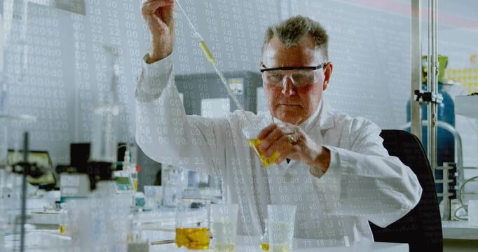 Sr lab scientist lowering pipette into cup dispensing yellow liquid overlay tracking test volumes
