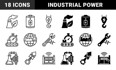 Naklejka premium Industrial Manufacturing and Sustainable Energy Hybrid Icons Merging Factory Plants with Leaves Battery Storage and Automated Production Systems