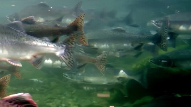 A vibrant gathering of Salmon is observed underwater. They are swimming upstream in a clear Alaskan river during their annual spawning run. A natural spectacle unfolds.