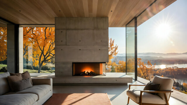 A modern living room features an imposing, floor-to-ceiling concrete fireplace structure centered in the frame, providing both a focal point and an architectural anchor.