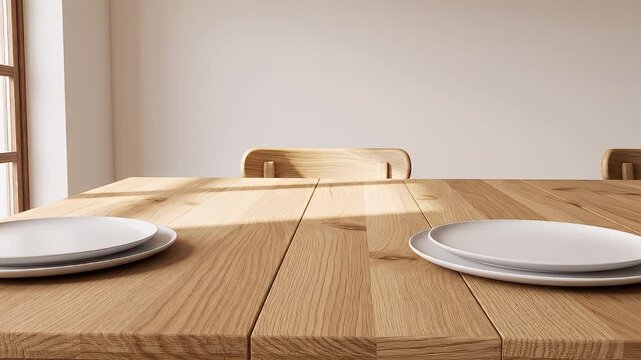 A clean, minimalist wooden dining table set with white plates, bathed in natural sunlight streaming through a window
