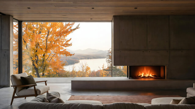 A wide-angle, interior shot of a modern, minimalist living space with a panoramic view of an autumn landscape. The fireplace has a warm, glowing fire visible within its opening.
