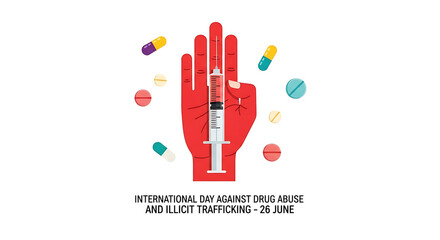 Fototapeta premium Illustration of a red hand holding a syringe with pills around it for International Day Against