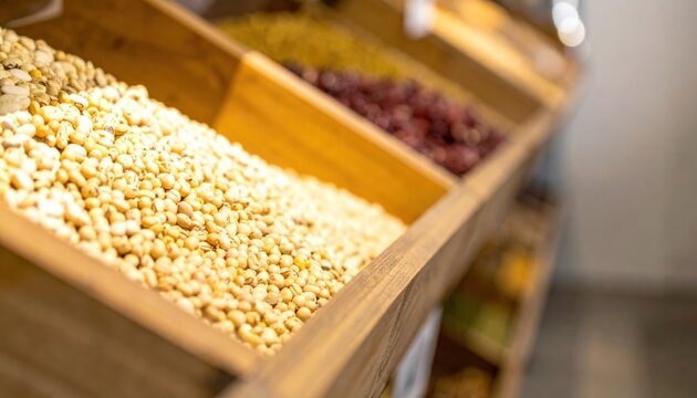 A robust stockpile of diverse non-perishable seeds, including chickpeas and beans, meticulously organized in natural wooden bins for future food cultivation and long-term sustainability.