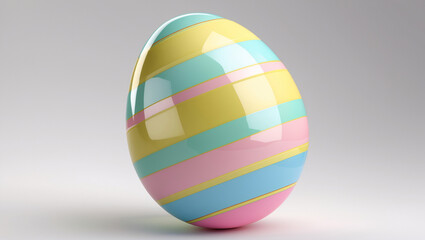 Obraz premium A glossy, pastel-striped Easter egg sits in a clean studio setting, perfect for holiday promotions.