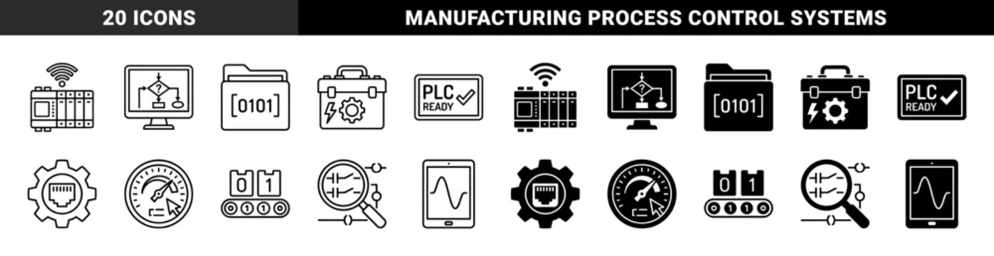 Industrial Automation and PLC Programming Icon Set Featuring Logic Flowcharts Modular Controllers and Digital Manufacturing Interface Symbols