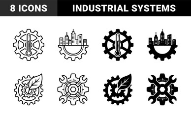 Obraz premium Hybrid industrial gear icons merging mechanical cogwheels with environmental symbols temperature gauges urban cityscapes and maintenance wrench tools