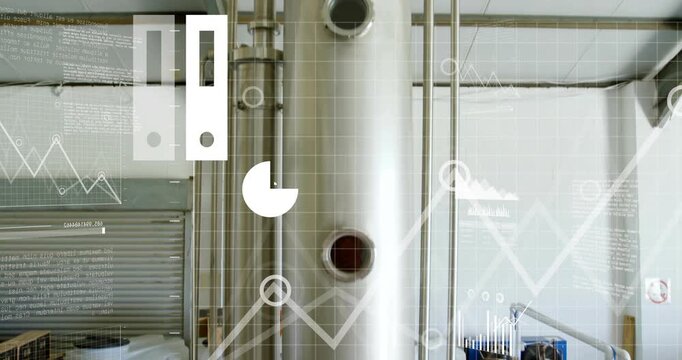 Camera panning down column in plant, cloud-laptop icon appearing, animating charts showing data