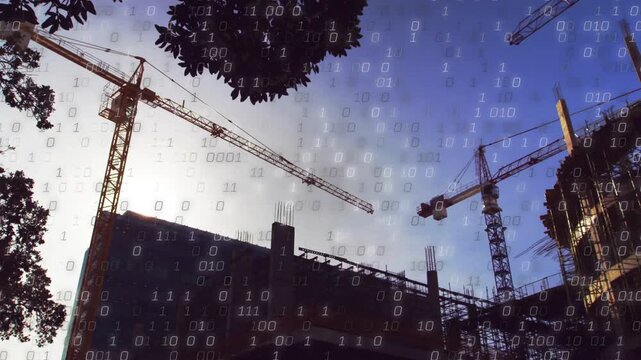 Binary digits appearing, cranes adjusting booms and swinging load, visualizing site data overlay