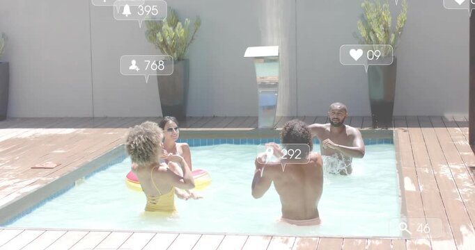 Playing group in swimsuits volleying beach ball in pool, inflatable ring and social icons shifting