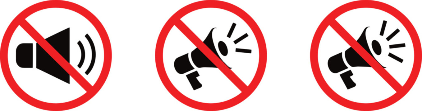No loudspeaker signs with prohibition symbols on white background