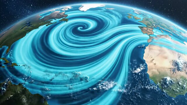 This video features ocean currents pattern with turquoise flow motion at global scale, climate science concept, environmental data visualization theme, and earth systems branding visual.