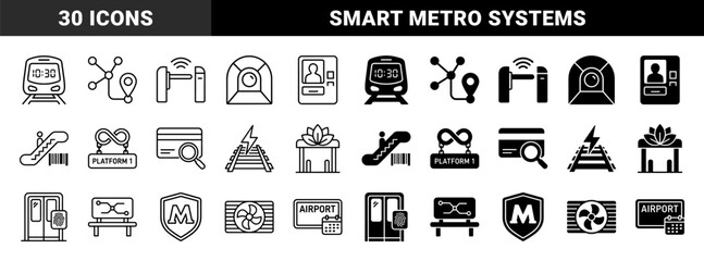 Naklejka premium Hybrid transit and smart city infrastructure icons featuring subway train with digital clock map with location pin and biometric security gate