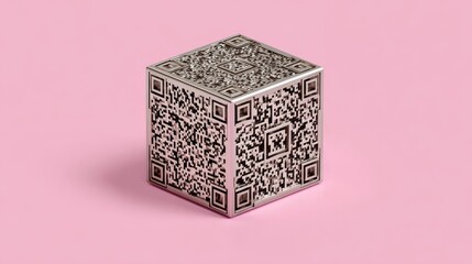 qr code cube object on a pink isolated background