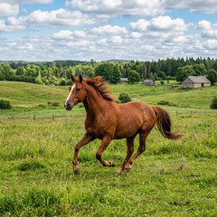 Obraz premium A brown horse running freely in a green field on a sunny day with a blue sky and white clouds on transparent background