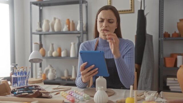 Woman holding tablet and touching forehead at a pottery workbench in an artisan studio surrounded by ceramic vases and sculpting tools; frustration creative block.