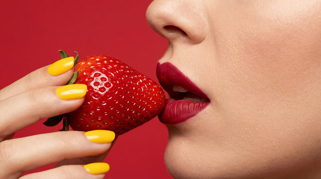 Woman's Lips and Hand with Strawberry Against Red Background for Beauty and Food Concepts