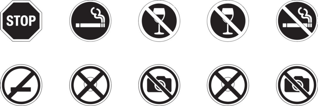 Black and white signs and symbols for no smoking drinking and photography