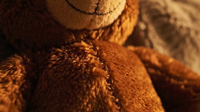 Video of Stuffed Toy Close-Up &ndash; soft texture detail, warm tone, cozy childhood comfort concept, plush fabric background, gentle lifestyle scene, macro view of fuzzy stuffed toy surface with visible