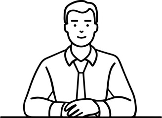 Obraz premium Hand Drawn Man Sitting at Desk Black and White Avatar Illustration in Minimal Line Art Style Design