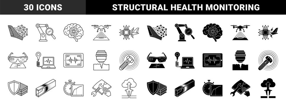 Advanced Structural Health Monitoring and Non Destructive Testing Icons Featuring Hybrid Sensor Integration and Composite Material Analysis Symbols