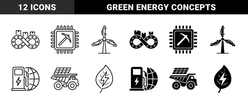 Sustainable industrial manufacturing and renewable energy concept icons featuring hybrid designs like wind turbine cars and solar panel mining trucks