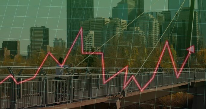 Man leaning on railing, checking phone as pink finance-chart drawing across green grid to arrow