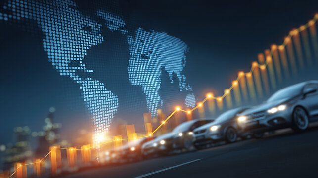 Global Automotive Trend: Modern cars on the road with world map and a graph demonstrating business market trends.