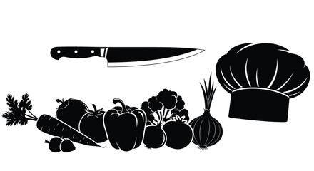 Culinary tools and fresh produce arranged in a striking black silhouette © sefali