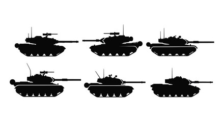 Six black tank illustrations arranged in a grid distinct silhouette © sefali