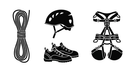 Climbing gear including rope helmet harness and shoes black silhouette © sefali