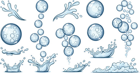 Water Splash and Bubble Elements Collection Liquid Drops Splashing Waves and Foam Vector Illustration Set © EdGe Creative